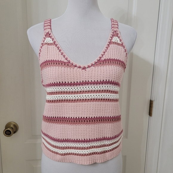 Planet Gold Size Jr L Crochet Halter Top, Mauve, Pink & Ivory Striped, NEW w/Tag - Picture 1 of 10